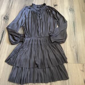 RESET By Jane Jamie Satin Silky Mini Dress Gray Long Sleeve Tiered Ruffle EUC